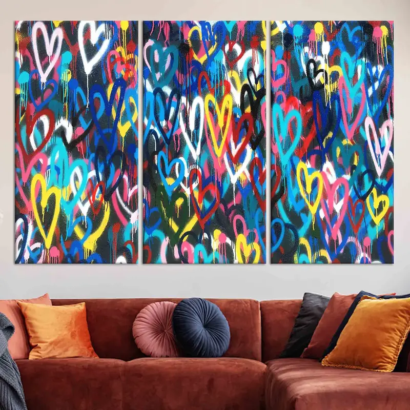 Lienzo vibrante de corazones de Banksy: impresión artística de amor colorido