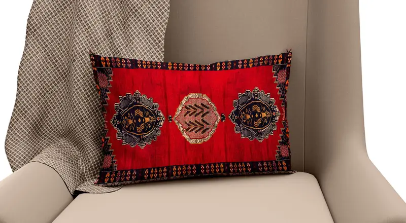 Red & Brown Embroidered Throw Pillow, Vintage Chenille Cushion