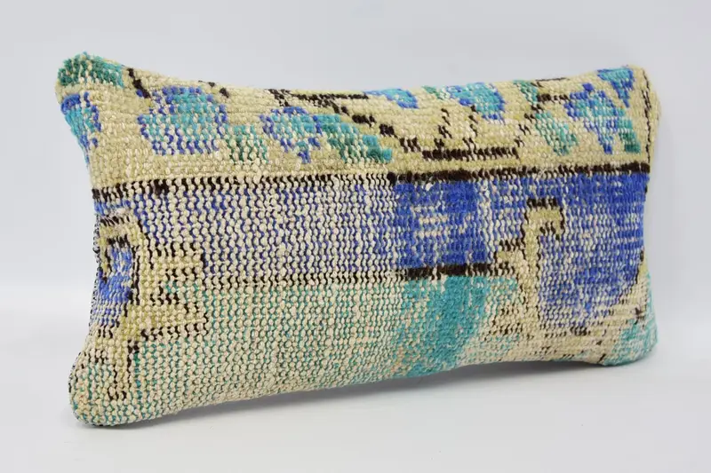 Vintage Kilim Throw Pillow, Antique Pillows, Boho Throw Cushion Case, 8x16 Blue Cushion, Cushion Case, Car Pillow Case, Boho Pillow Sham Cover - 3