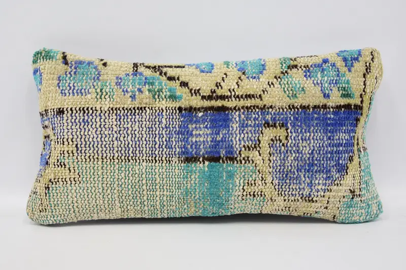 Vintage Kilim Throw Pillow, Antique Pillows, Boho Throw Cushion Case, 8x16 Blue Cushion, Cushion Case, Car Pillow Case, Boho Pillow Sham Cover - 1