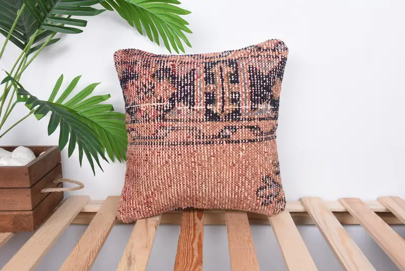 Handmade Throw Pillow, 14x14 Orange Pillow Case, Kilim Pillow, Cushion, Boho Throw Pillow Case, Kilim Cushion Sham, Vintage Kilim Pillow - 1