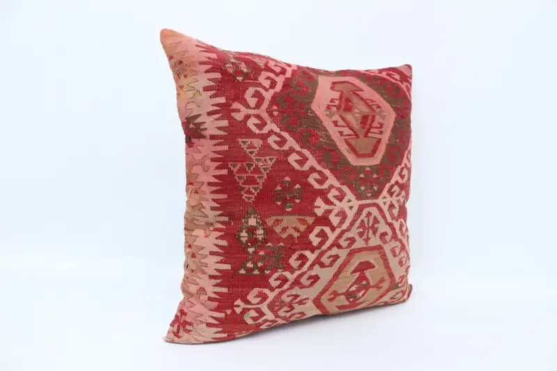Kilim Pillow, Anatolian Pillow, Cushion Cover, 28x28 Red Pillow Case, Turkish Kilim Pillow, Vintage Kilim Throw Pillow, Pastel Pillow Cover - 3