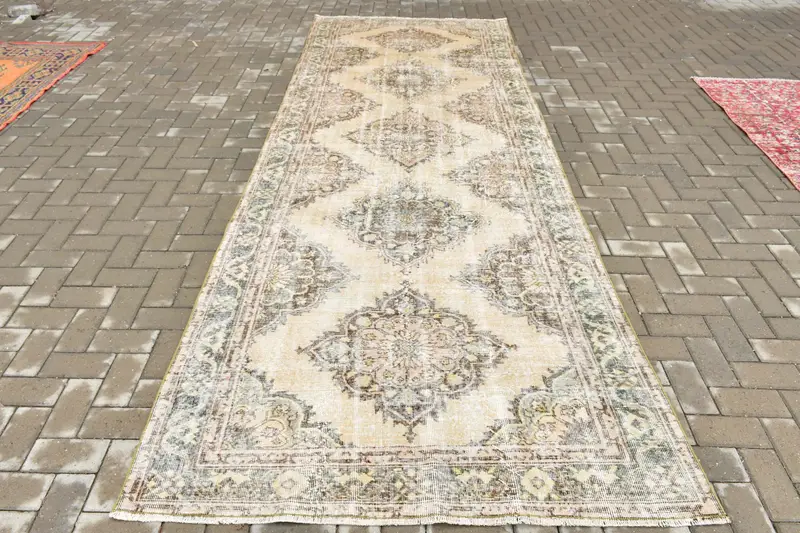 Türk 4.7x13.1 ft Halı, Runner Vintage Halı, Kahverengi Çiçekli Yün Halı - 1