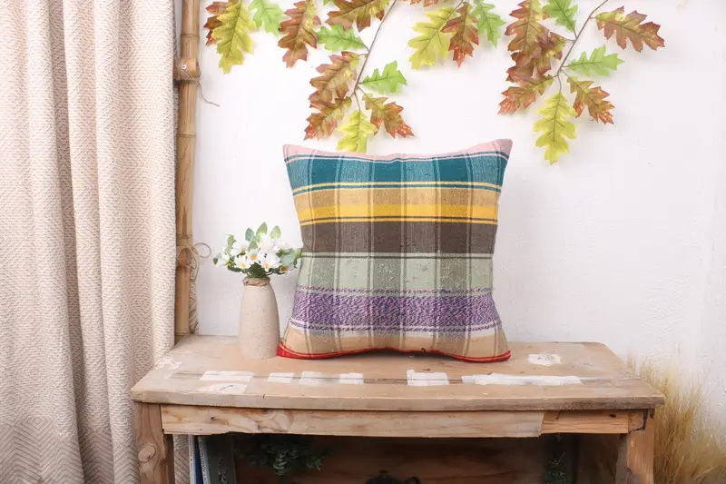 Bolster Throw Pillow Case, 16x16 Yellow Pillow Sham, Pillow Cover, Handmade Kilim Cushion, Vintage Kilim Pillow, Turkish Pillow - 1