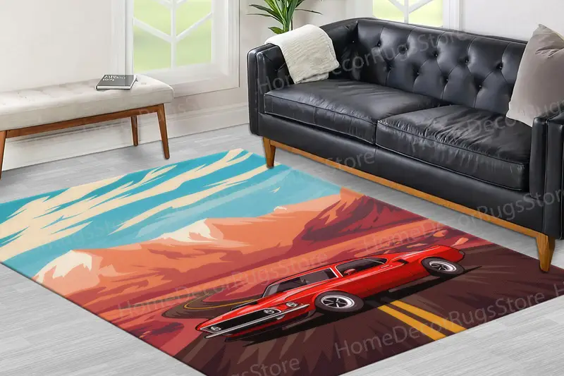 エレガントなプリントラグ：ヴィンテージレッドマスタングアメリカンマッスルカーデザイン
