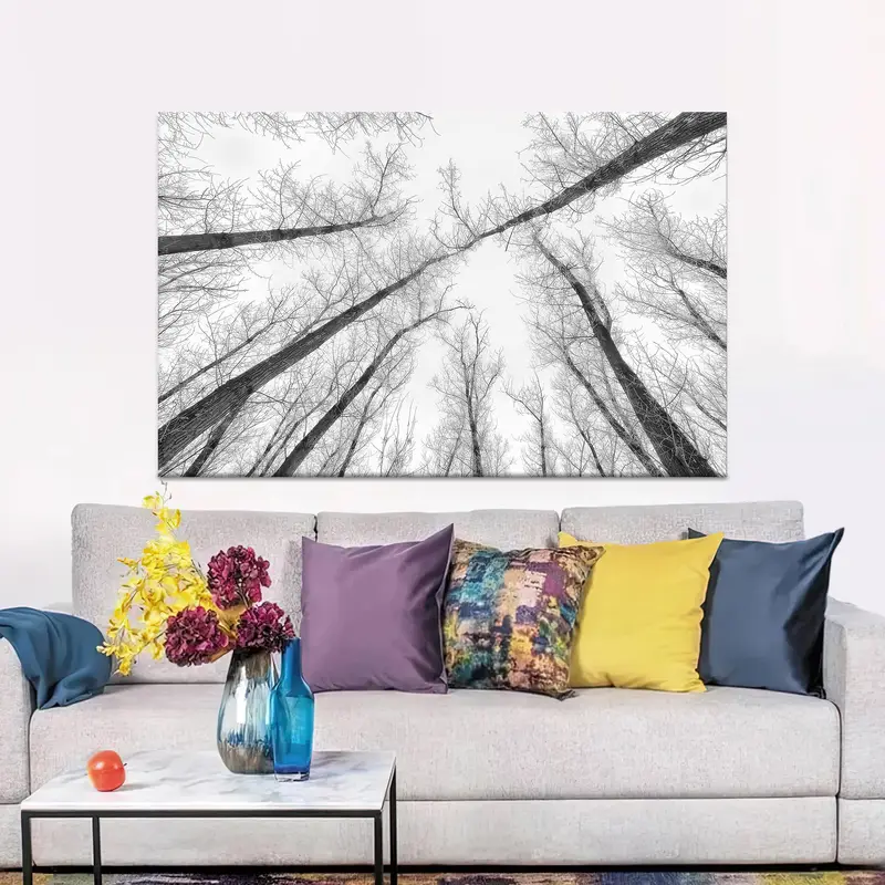 Moderne, schwarz-weiße, mit Baumlandschaften bedruckte Leinwand für das Büro