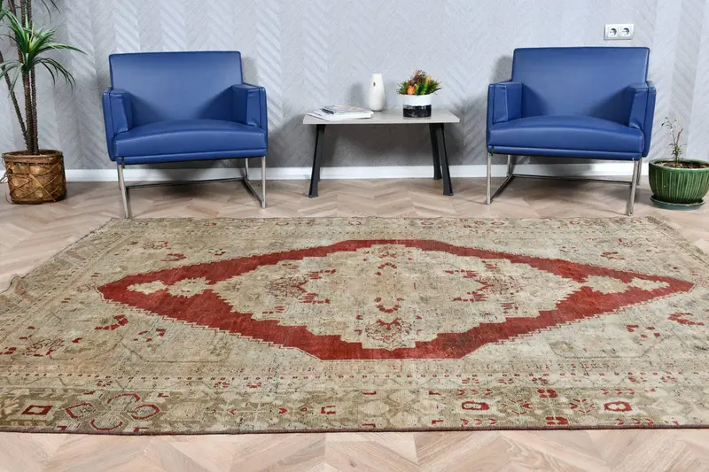 5.9x8.4 ft Turkish Large Rug, Red Brown Vintage Abstract Wool Rug - 1