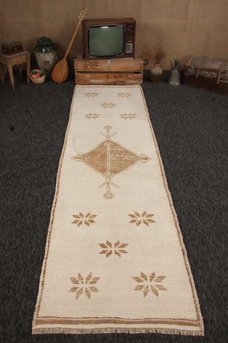 Turkish Vintage Rug, 3.2x11.4 ft Runner Rug, Brown White Ombré Rug - 1