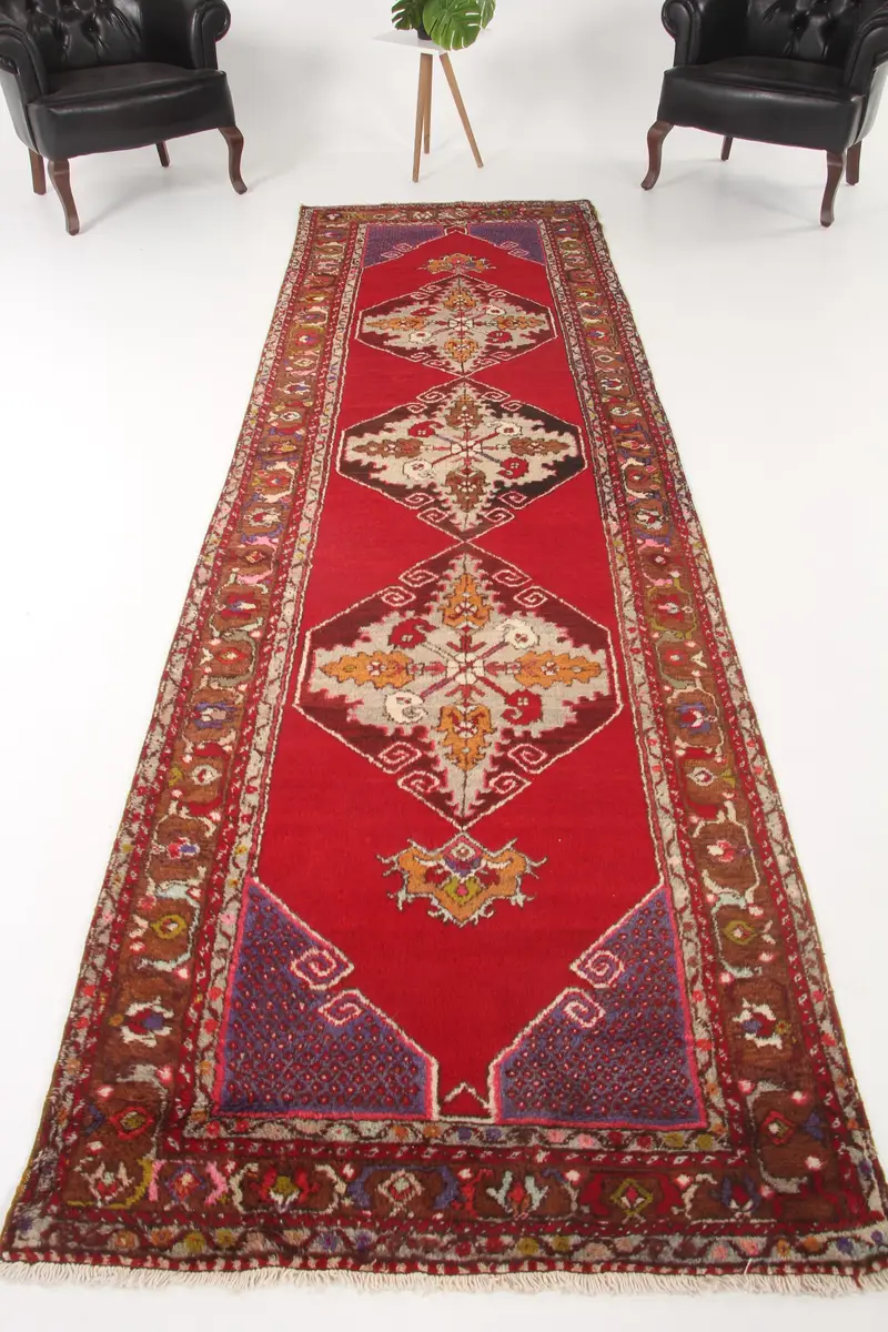 Vintage Turkish Rug, 3.4x11.7 ft Oushak Rug, Red Blue Solid Wool Rug - 1