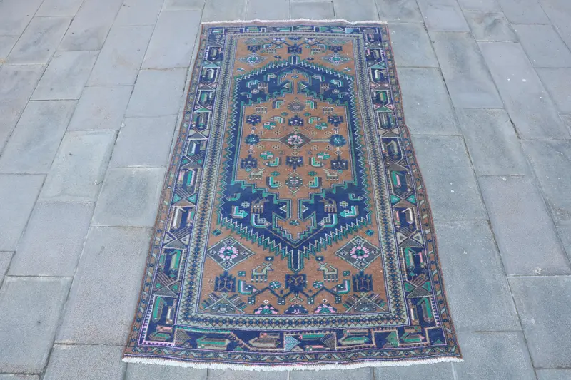 4.1x7.3 ft Oushak Vintage Rug, Blue Abstract Turkish Rug Wool - 1