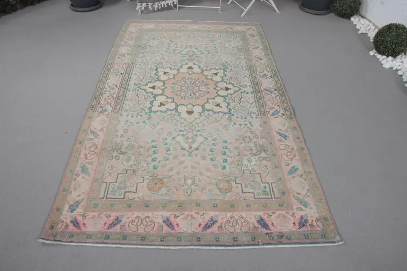 4.2x7.5 ft Oushak Türk Halısı, Mavi Ombré Vintage Halı Yün - 1