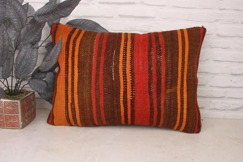 Vintage Kilim Pillow, Pillow for Couch, Ikat Pillow Cover, Throw Kilim Pillow, 16x24 Brown Cushion, Anatolian Pillow Case, Pillow Case - 1