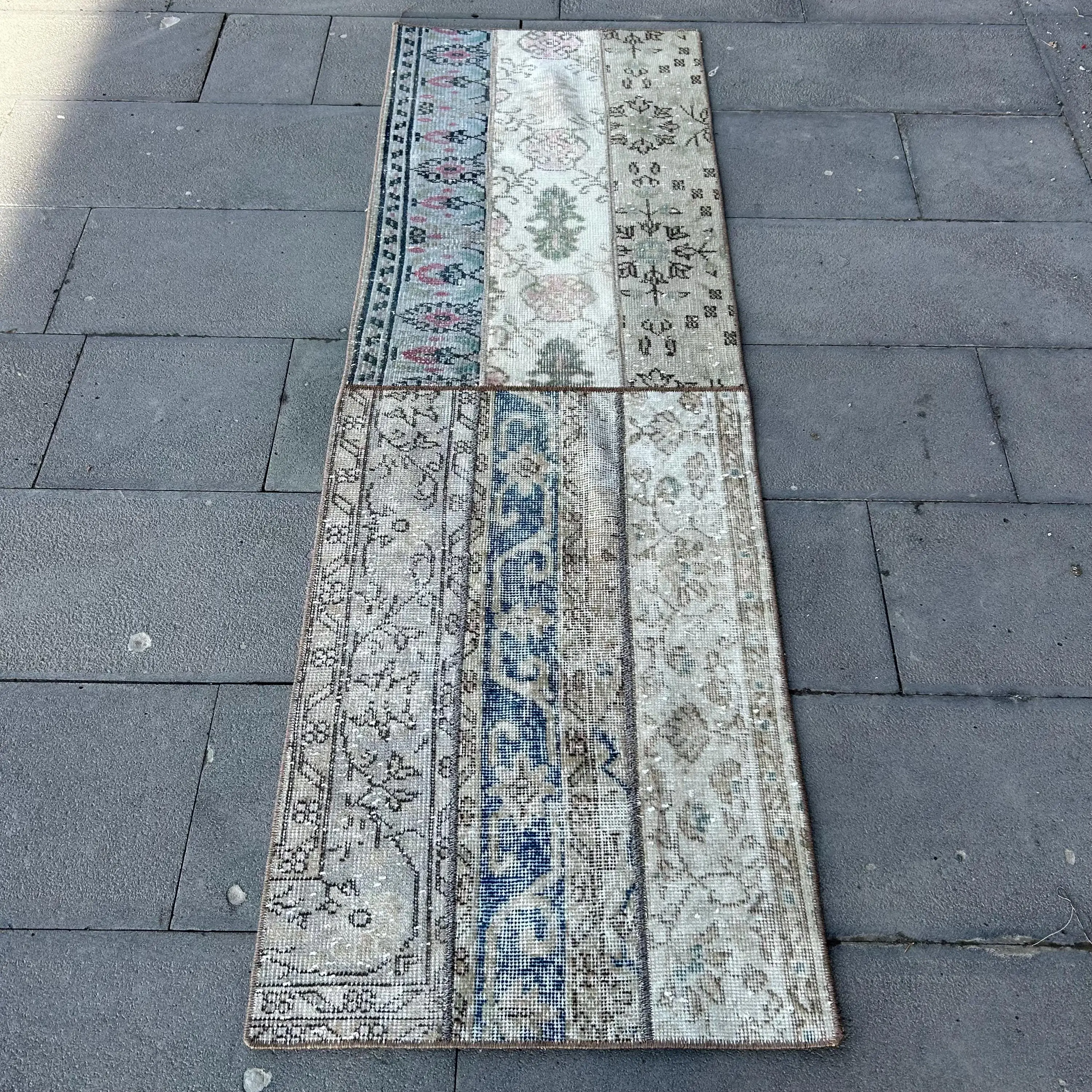 2x6.2 ft Turkish Vintage Rug, Runner Rug, Blue Gray Floral Wool Rug - 1