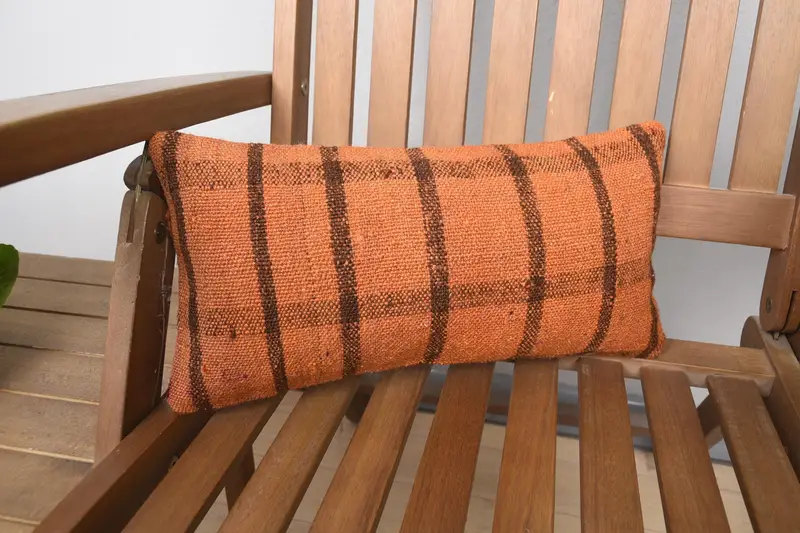 Mini Lumbar Striped Throw Pillow Sham, Antique 8x16 inch TexturedBrown Wool Pillow Case - 1