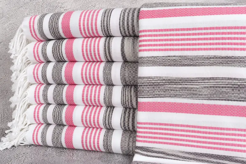 Kişiye Özel Türk Havlusu Organik Plaj Havlusu Çizgili Gri Pembe, 40x71 İnç