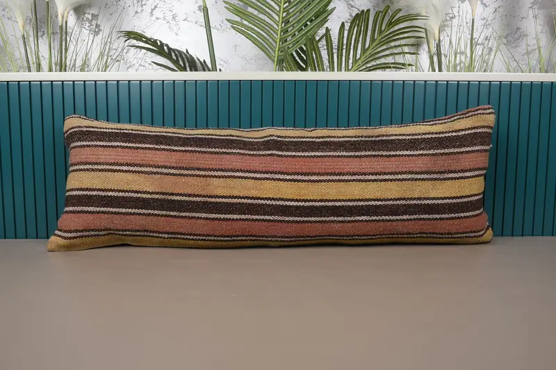 Orange & Yellow Striped Throw Pillow, 12x36 Embroidered Vintage Pillow