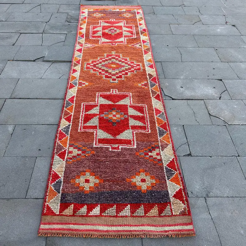 2.8x10.5 ft Vintage Rug, Turkish Runner Rug, Red Orange Abstract Rug - 1