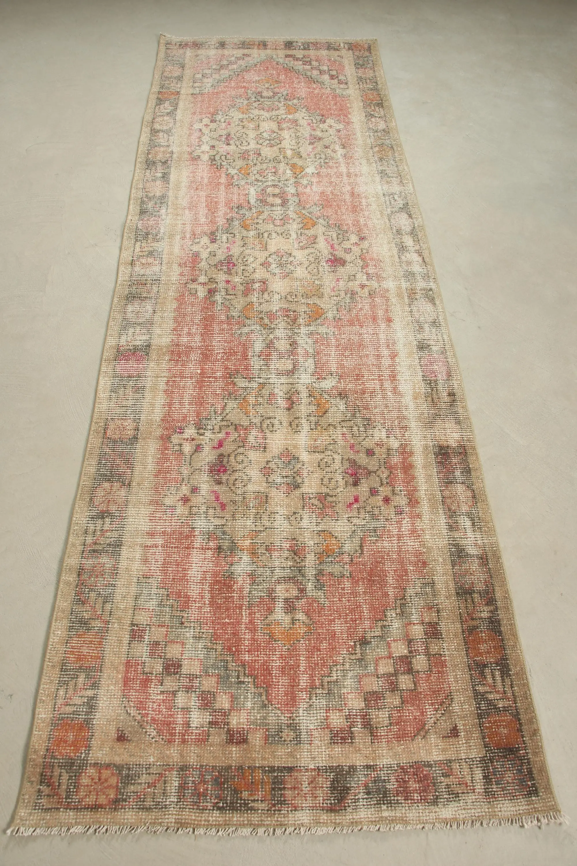 Vintage Rug, 2.9x9.1 ft Turkish Rug, Red Brown Floral Wool Rug - 1