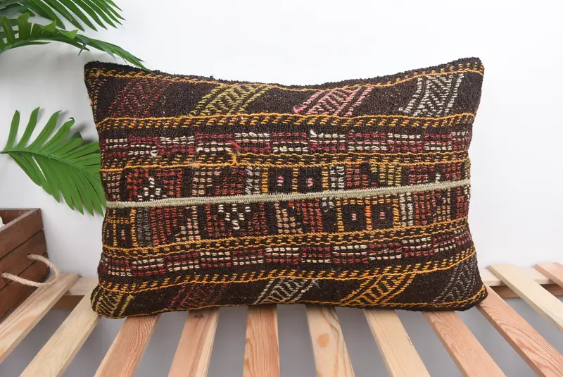 Braunes und gelbes Patchwork-Wurfkissen, handgefertigtes Leinenkissen