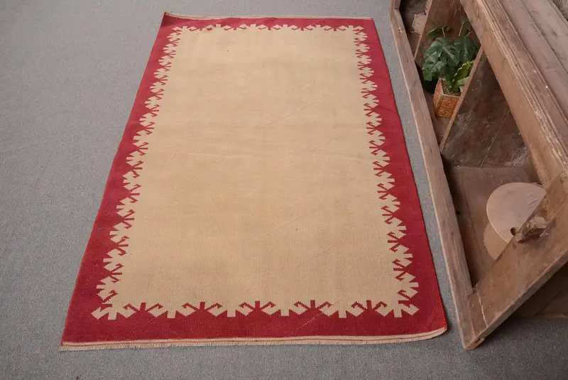 Zarif Bej ve Mor Halı, 3,6x5,6 ft Şık Kareli Tasarım