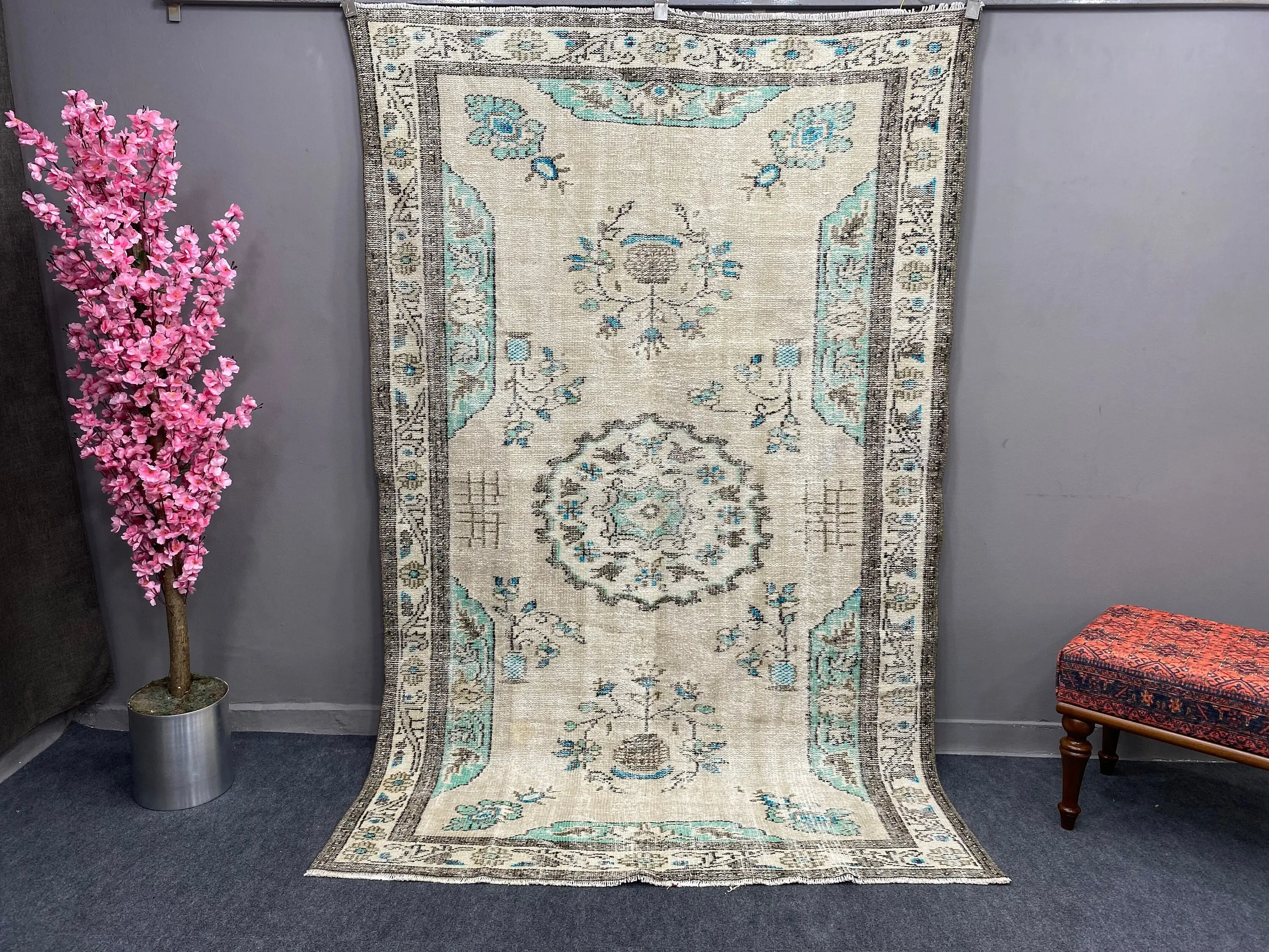 5.1x7.9 ft Halı, Türk Vintage Halısı, Mavi Çiçekli Halı - 1