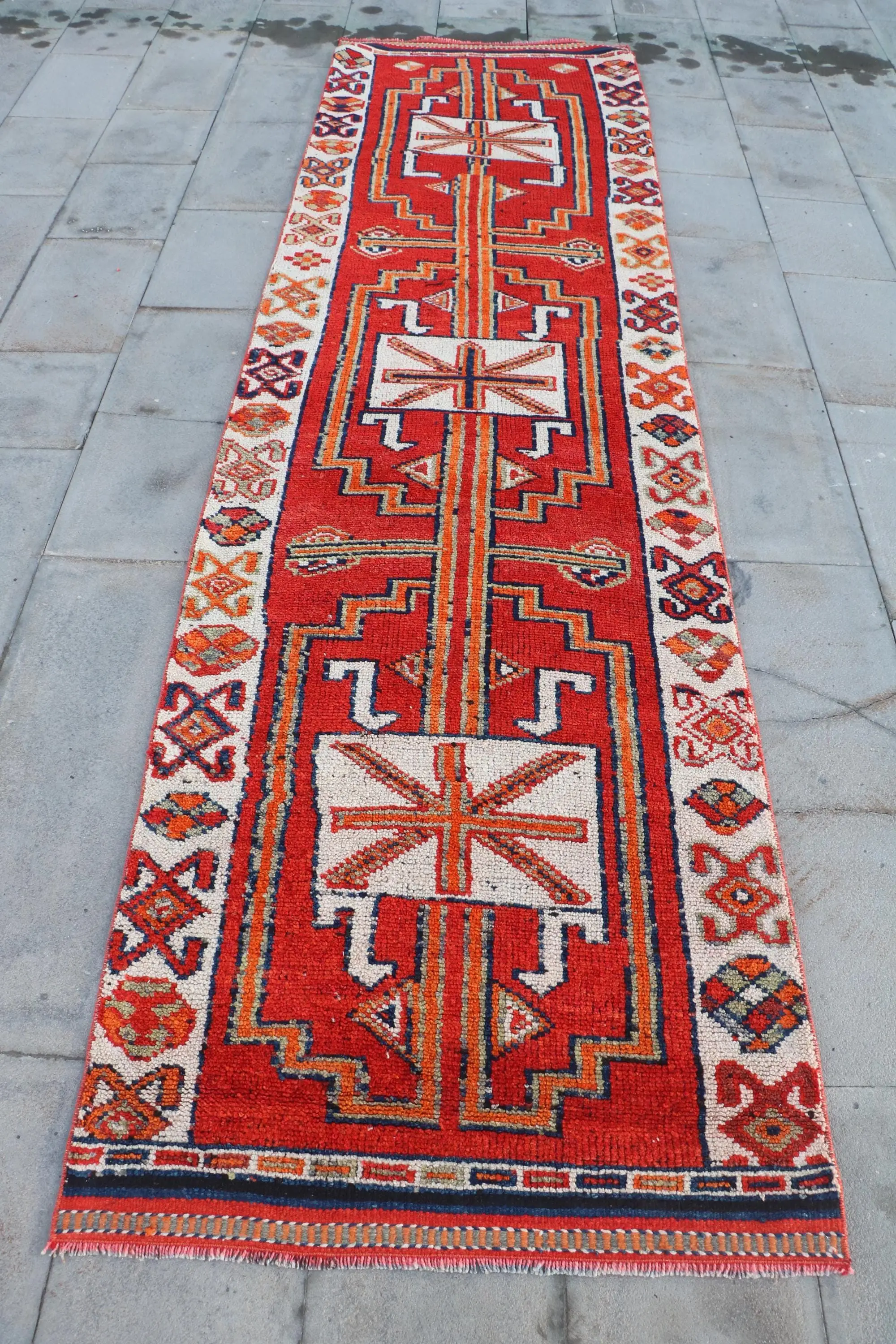 3.2x11.4 ft Turkish Runner Rug, Red White Vintage Ombré Wool Rug - 1