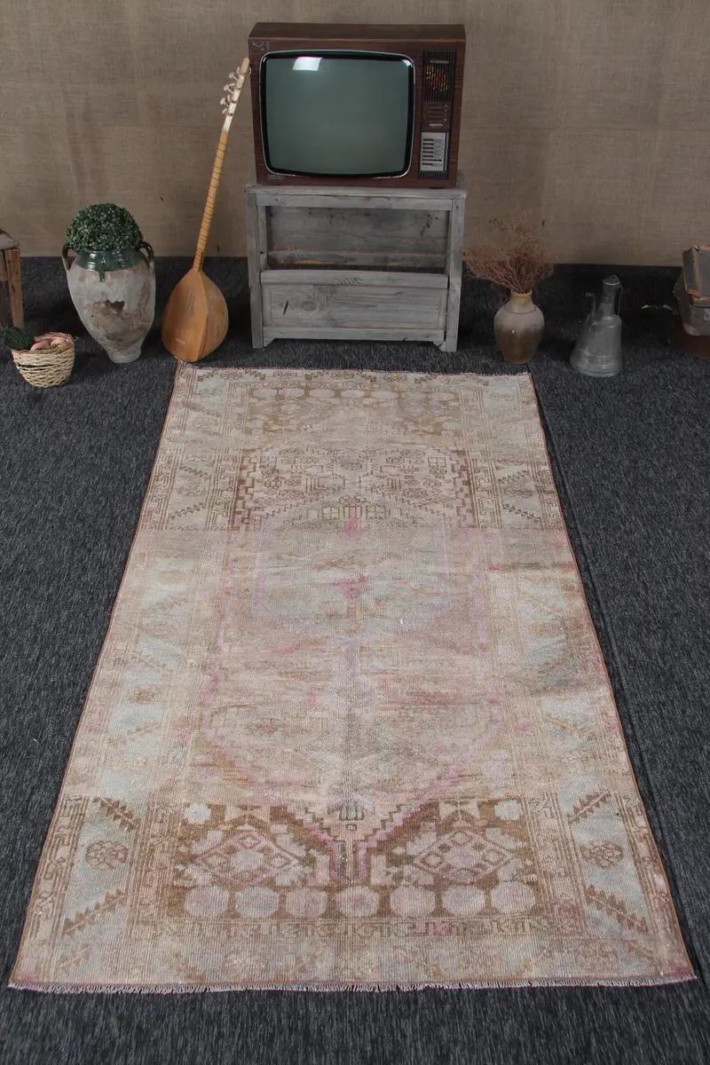 Vintage Türk Halısı, 4.1x7.5 ft Alan Halısı, Kahverengi Pembe İkat Yün Halı - 1