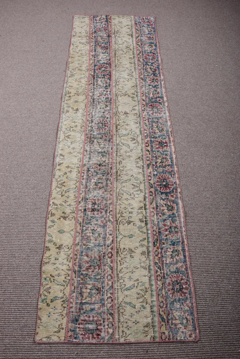 2.2x7.7 ft Vintage Türk Halısı, Yolluk Halısı, Mavi Oushak Halısı - 1
