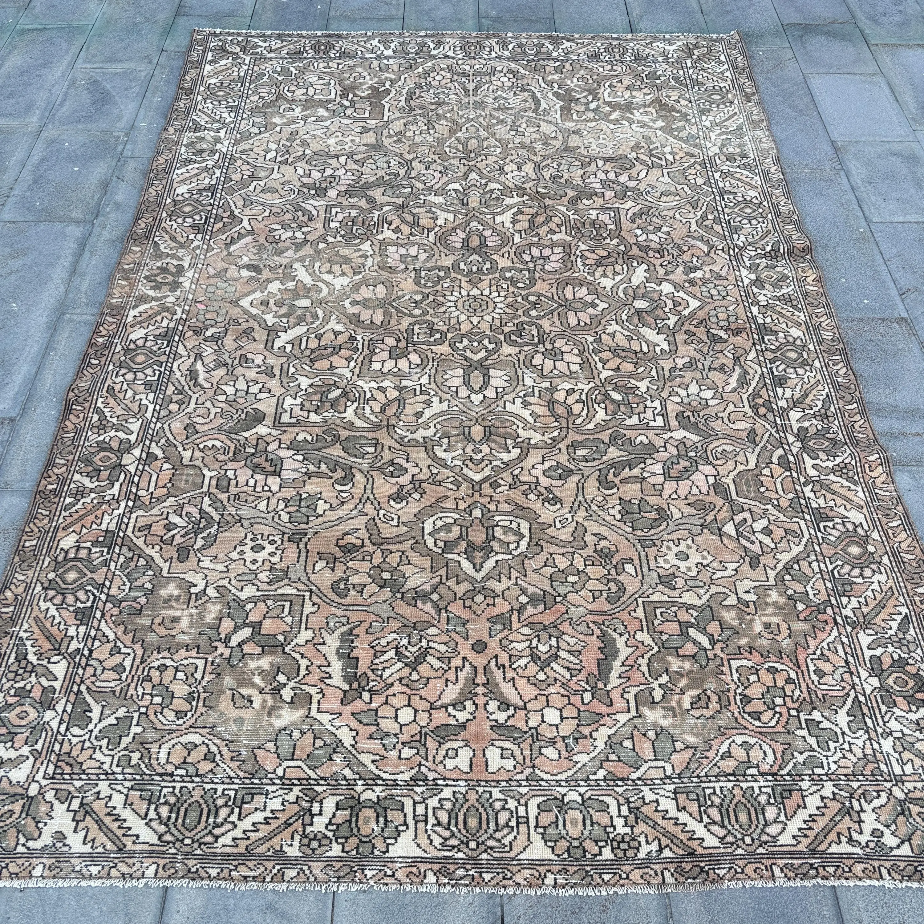 Vintage Turkish Rug 6.9x10.3 ft, Brown Floral Rug - 1