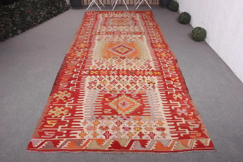 Alfombra marroquí hecha a mano, 5,4x14,1 pies rojo y verde