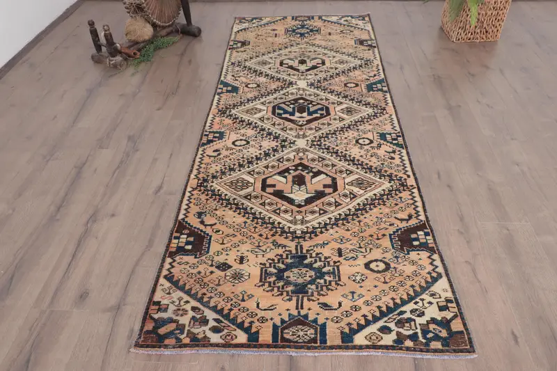 Vintage Runner Rug 3.2x8.6 ft, Blue Brown Moroccan Rug Wool - 1