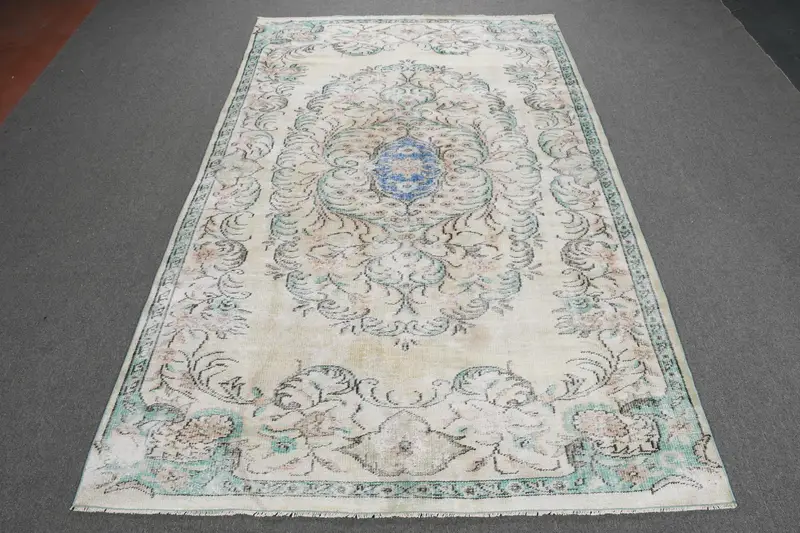 6x9.4 ft Rug, Turkish Vintage Rug, White Blue Solid Wool Rug - 1