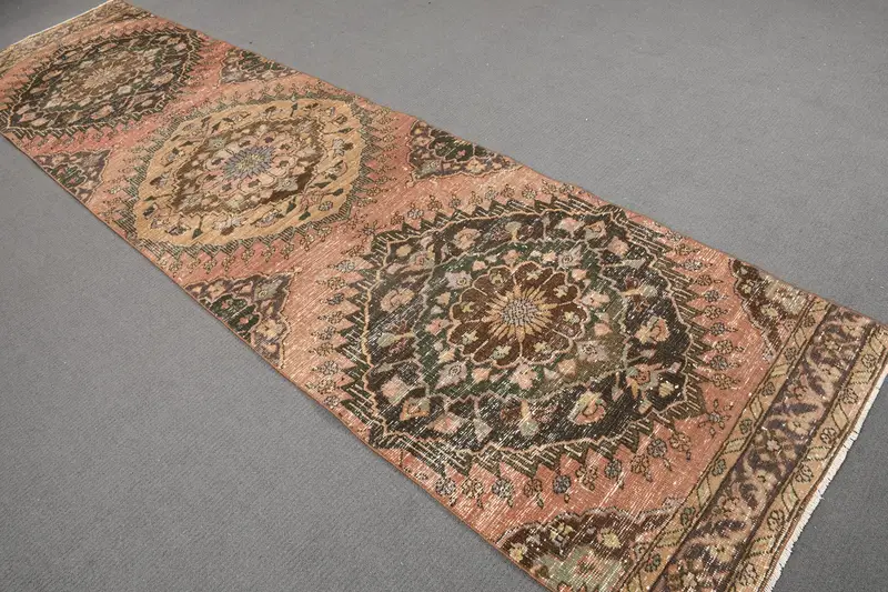 Turkish Vintage Rug, 3x11.9 ft Oushak Rug, Brown Ombré Wool Rug - 1
