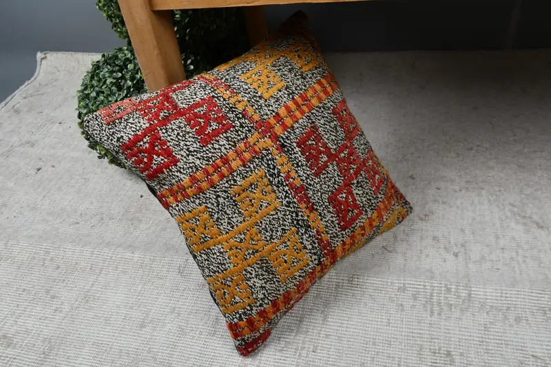 Pillow Cover, Sustainable Pillow Case, Kilim Pillow, 16x16 Yellow Pillow Case, Home Decor Pillow, Wholesale Cushion Case, Vintage Kilim Pillow - 7
