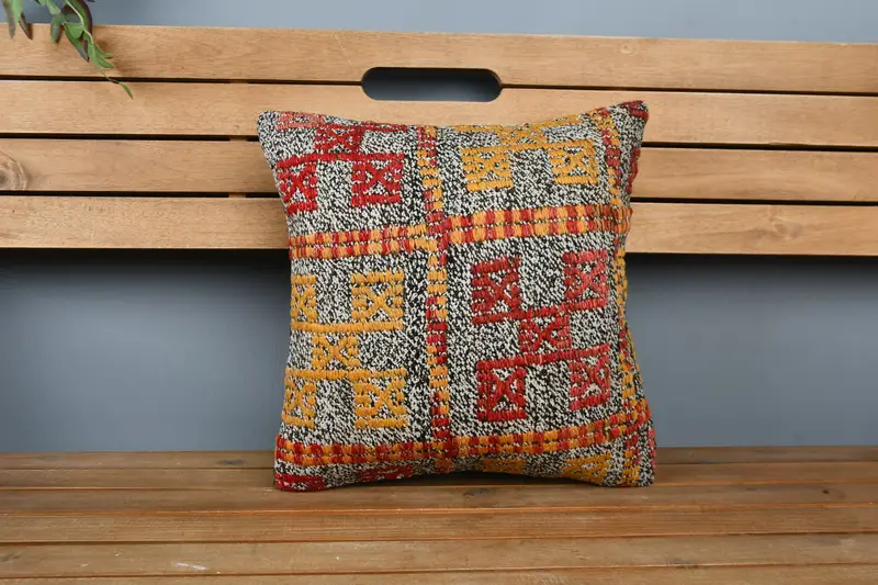 Pillow Cover, Sustainable Pillow Case, Kilim Pillow, 16x16 Yellow Pillow Case, Home Decor Pillow, Wholesale Cushion Case, Vintage Kilim Pillow - 6
