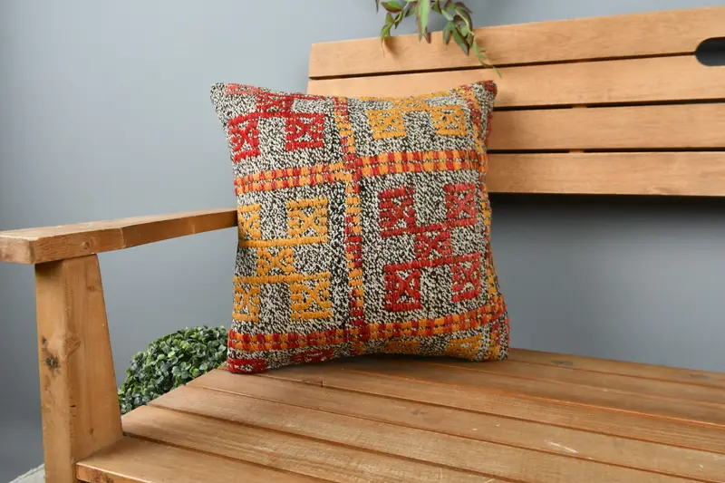 Pillow Cover, Sustainable Pillow Case, Kilim Pillow, 16x16 Yellow Pillow Case, Home Decor Pillow, Wholesale Cushion Case, Vintage Kilim Pillow - 1
