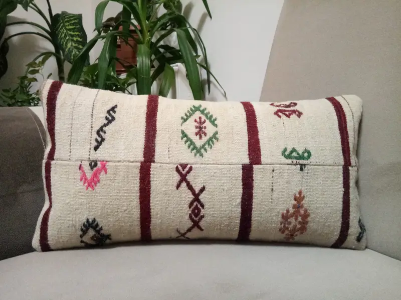 Handmade Striped Wool Throw Pillow, Vintage Embroidered Rectangle Pillow