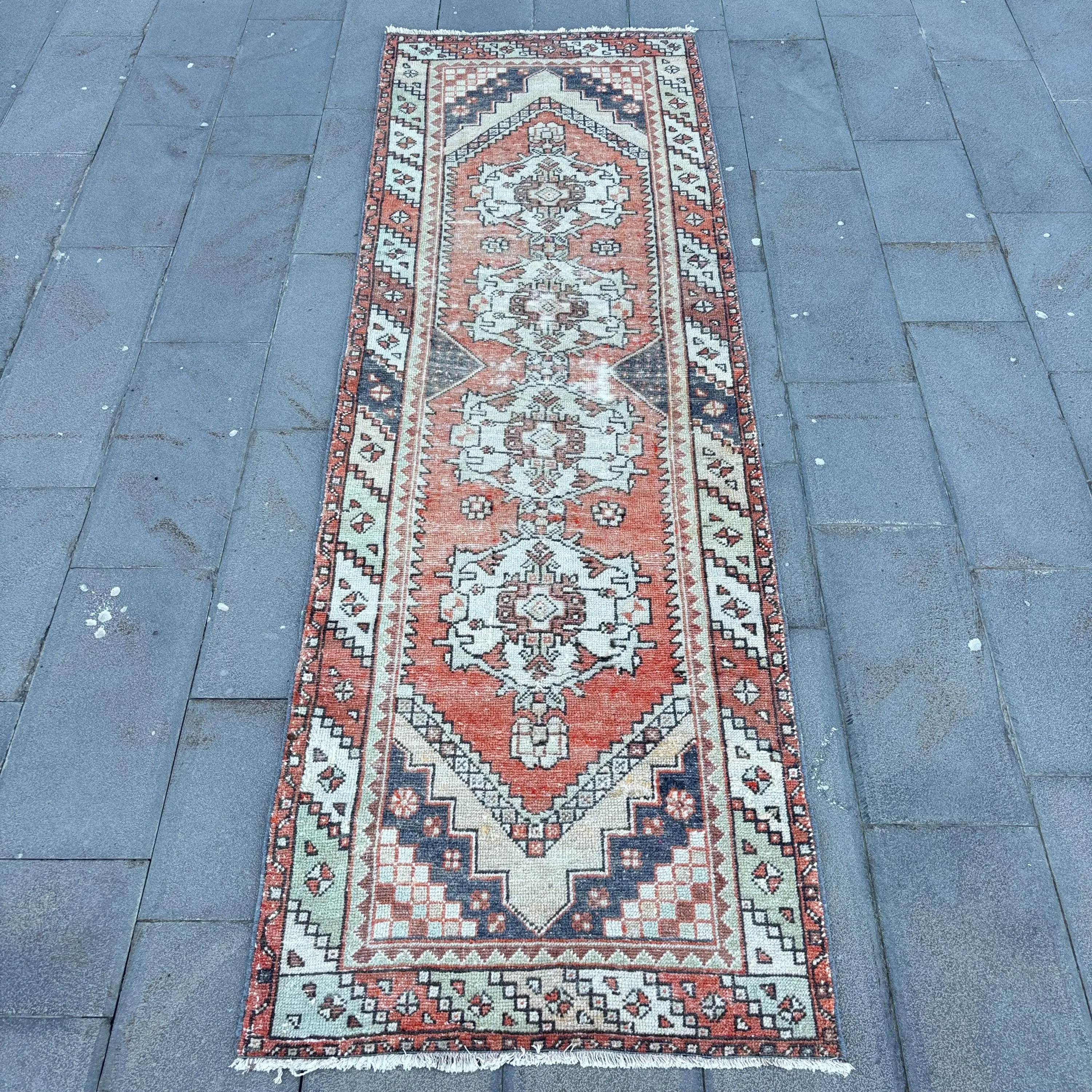 Turkish 3.1x9.8 ft Rug, Runner Vintage Rug, Red Blue Ikat Wool Rug - 1