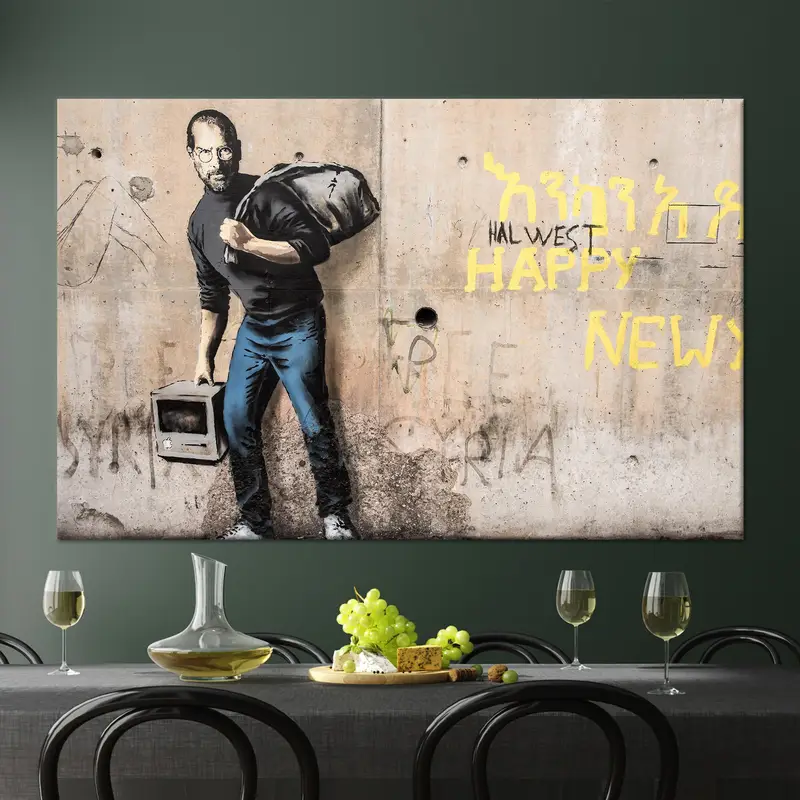 キャンバス アート: スティーブ ジョブズとバンクシーにインスピレーションを得た移民の旅