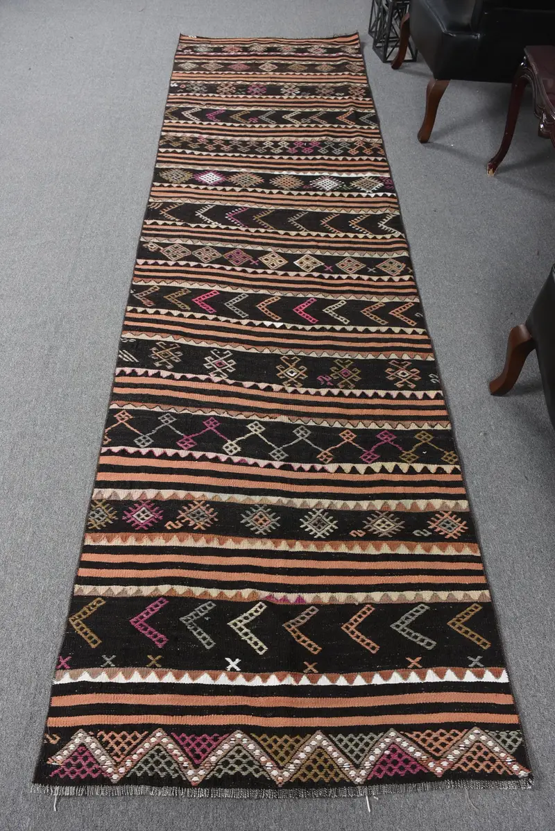 Türk Yolluk Halısı 3x10.9 ft, Siyah Kahverengi Patchwork Halı Yün - 1