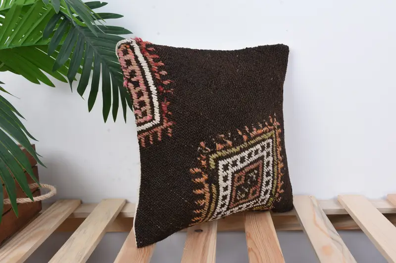 Antique Pillows, 12x12 Brown Pillow, Pillow for Couch, Cushion, Car Pillow Cover, Lounge Throw Cushion, Vintage Kilim Pillow - 4