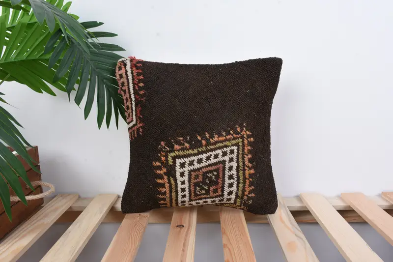 Antique Pillows, 12x12 Brown Pillow, Pillow for Couch, Cushion, Car Pillow Cover, Lounge Throw Cushion, Vintage Kilim Pillow - 1