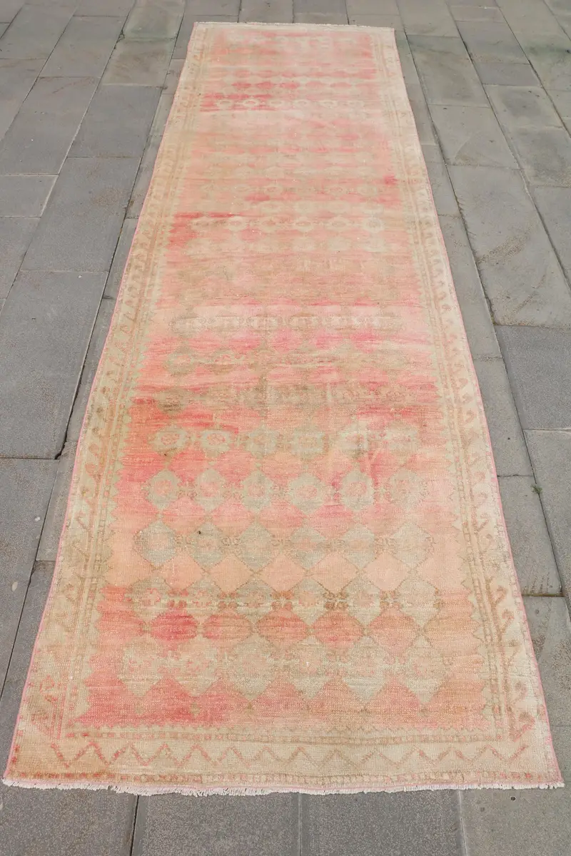 Pembe Ombré Halı, Yeşil Desenli 3,5x12,1 ft