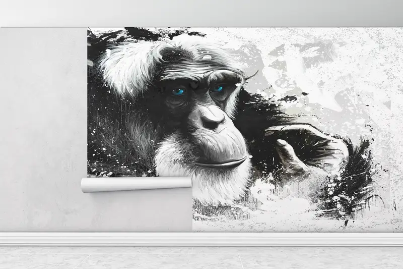 Blue Eyed Old Monkey,3d Wall Paper,Bright Wall Paper,Paper Wall Art ,Chimp Wall Decor,Abstract Monkey Wallpaper,Gorilla Wall Poster, - 1