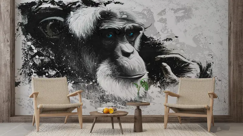 Blue Eyed Old Monkey,3d Wall Paper,Bright Wall Paper,Paper Wall Art ,Chimp Wall Decor,Abstract Monkey Wallpaper,Gorilla Wall Poster, - 5