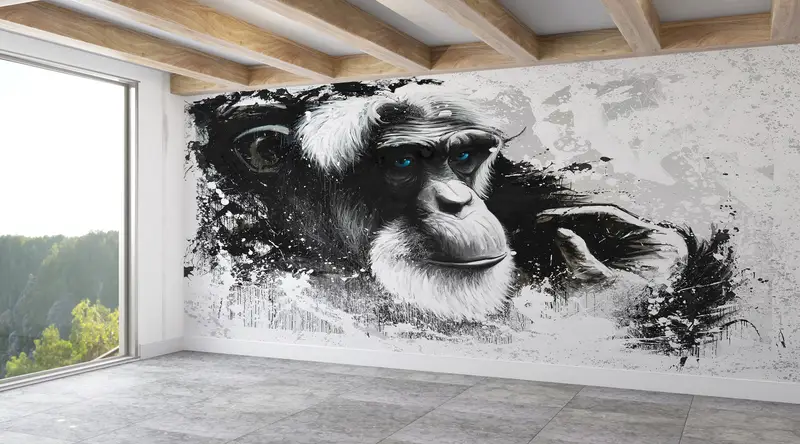 Blue Eyed Old Monkey,3d Wall Paper,Bright Wall Paper,Paper Wall Art ,Chimp Wall Decor,Abstract Monkey Wallpaper,Gorilla Wall Poster, - 2