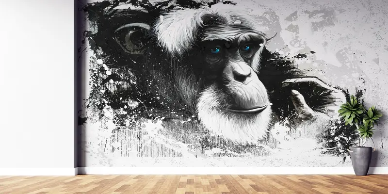 Blue Eyed Old Monkey,3d Wall Paper,Bright Wall Paper,Paper Wall Art ,Chimp Wall Decor,Abstract Monkey Wallpaper,Gorilla Wall Poster, - 3