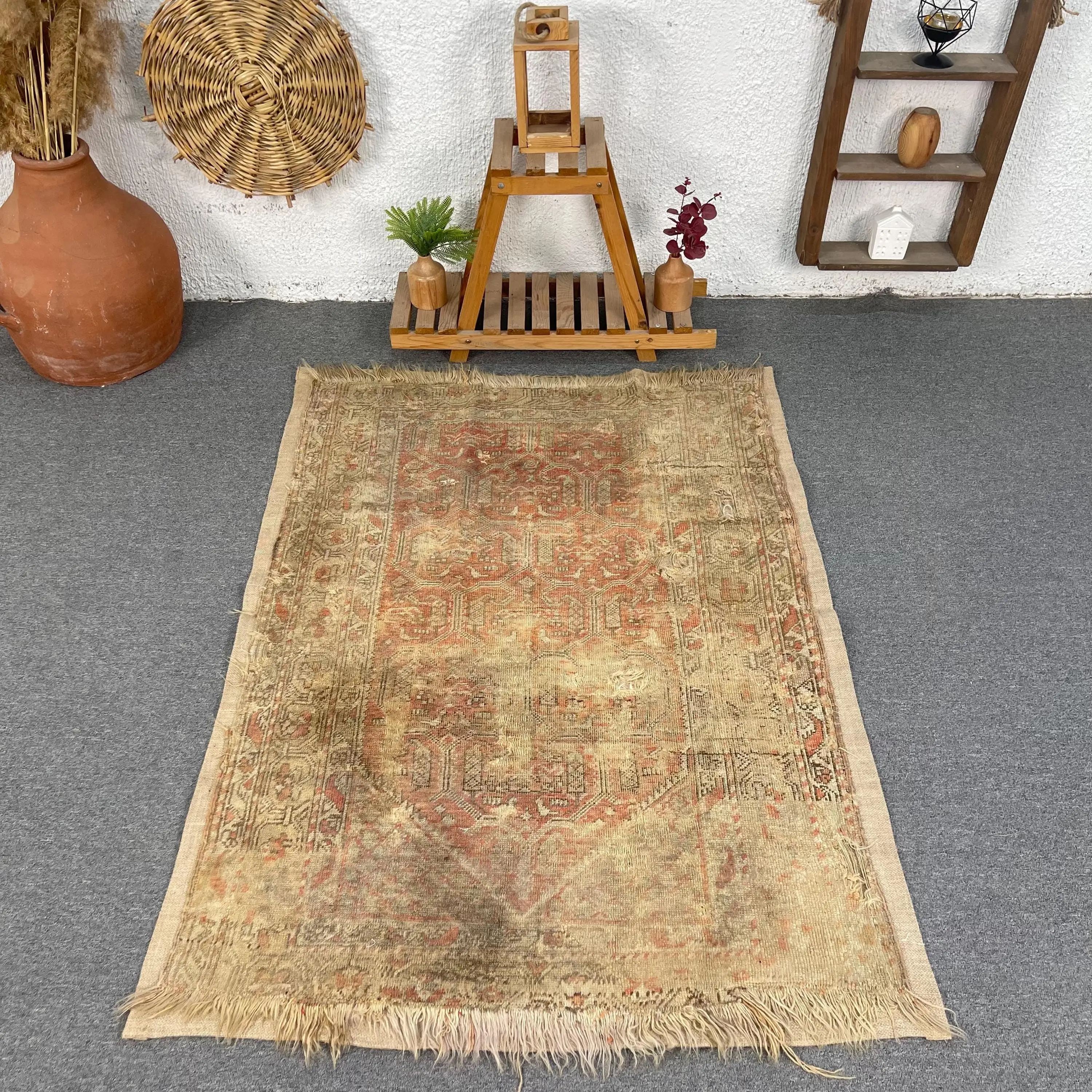 Türk Vintage Halısı 3,6x5,1 ft (111x154 cm), Kahverengi Ombré Yün Halı - 1