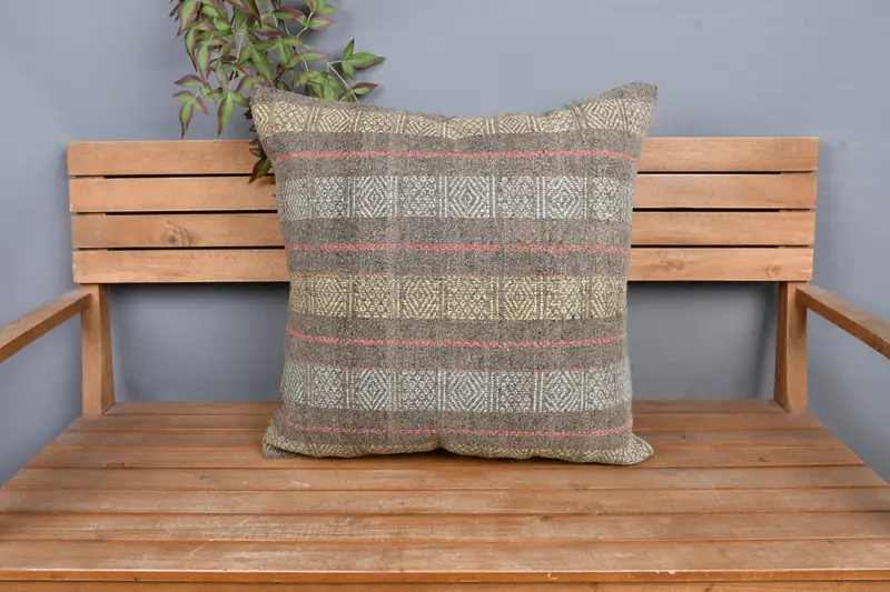 Neutral Cushion Case, Boho Pillow Sham Cover, Cushion Case, 24x24 Yellow Pillow, Traditional Pillow, Vintage Kilim Pillow, Turkish Pillow - 6