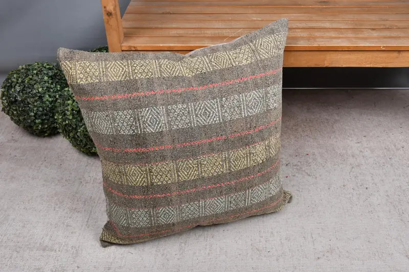 Neutral Cushion Case, Boho Pillow Sham Cover, Cushion Case, 24x24 Yellow Pillow, Traditional Pillow, Vintage Kilim Pillow, Turkish Pillow - 7